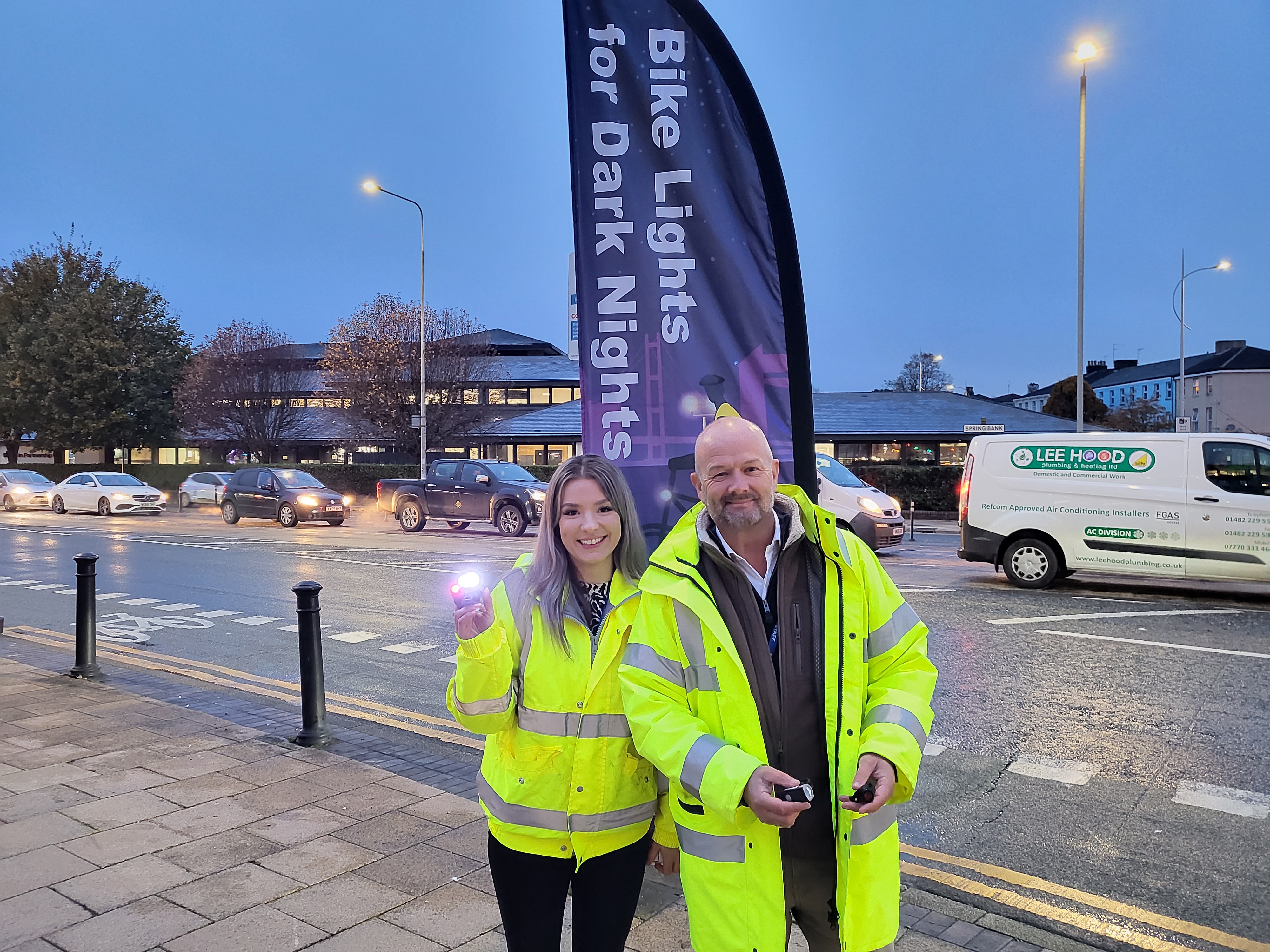 Caitlynne picot and tim robinson at the spring bank bike lights for dark nights event