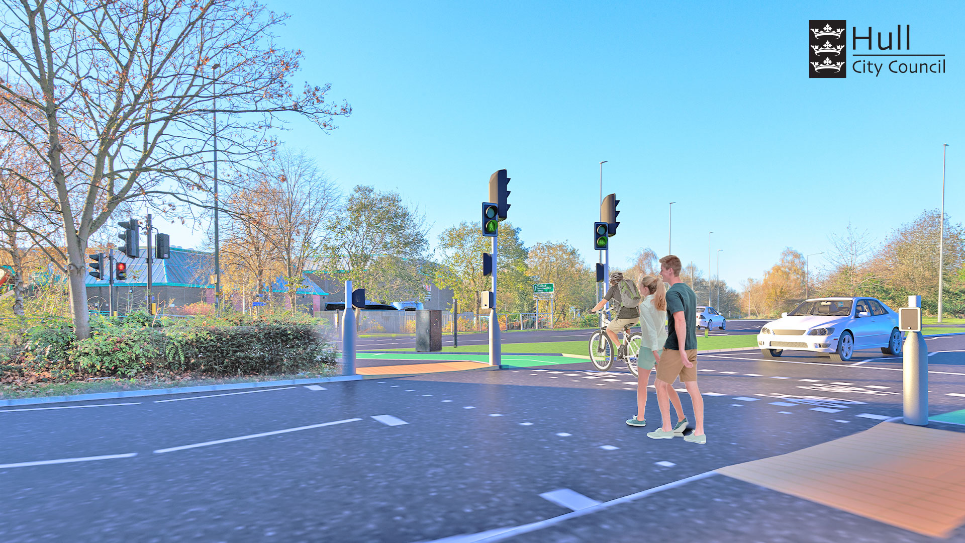 An artists impression of pedestrians and cyclists using the new crossing to Ennerdale Leisure Centre