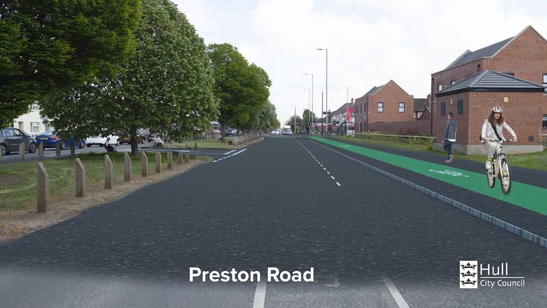 An image of Preston Road with the proposed Cycle Scheme implemented