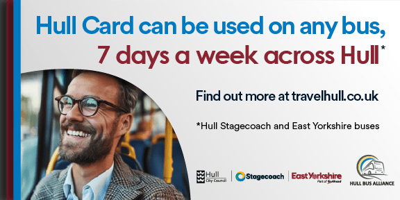 'A person smiling next to the text \'Hull Card can be used on any bus, 7 days a week across Hull\''