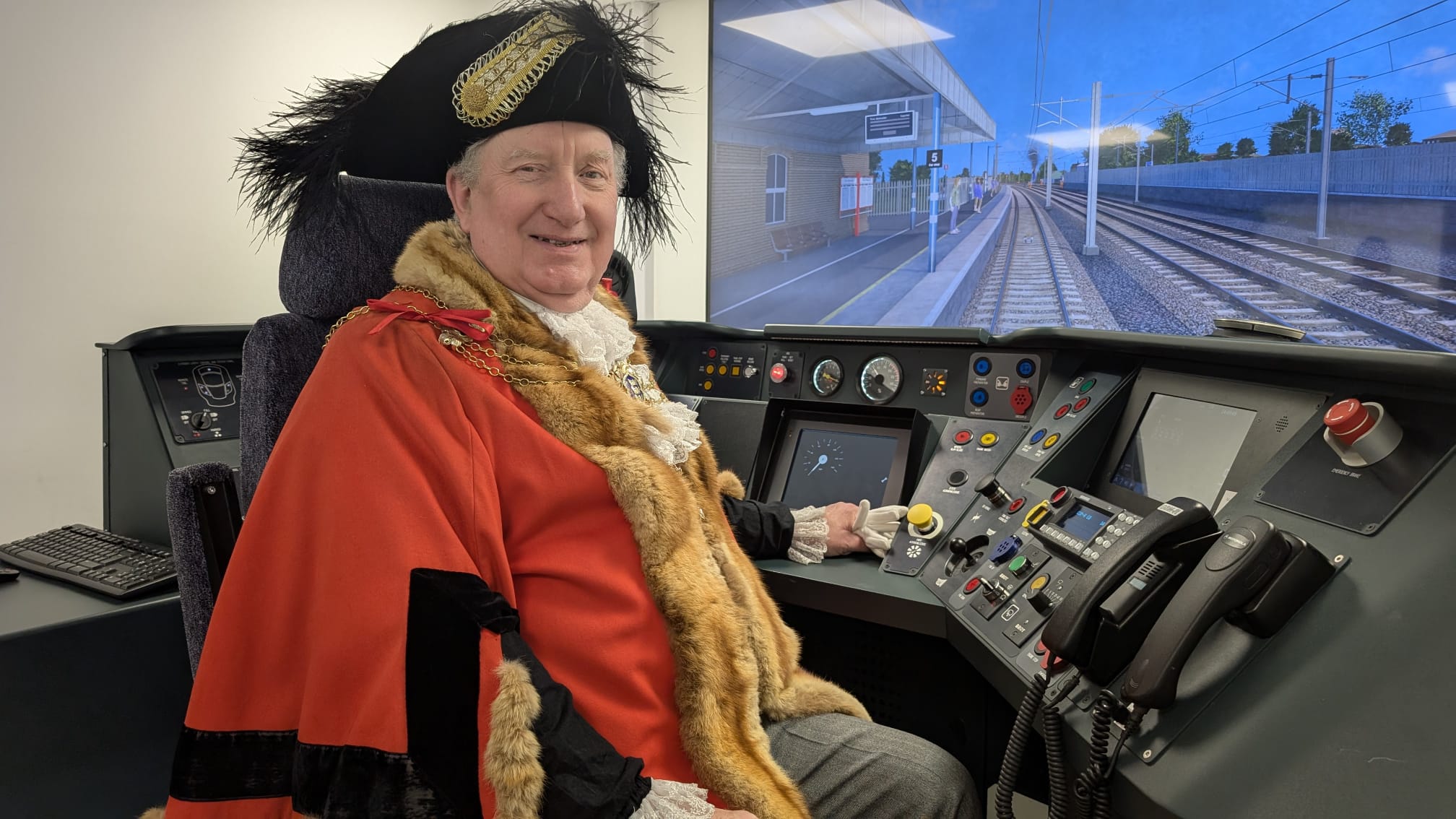 Lord Mayor, Councillor Mark Collinson, experiences the world class rail simulator at Hull Trains Learning and Development Academy